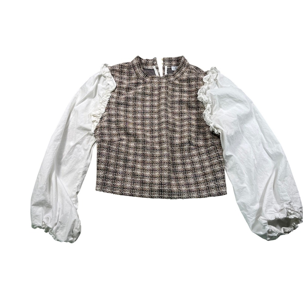 Fate Tweed Puff Sleeve Peplum Blouse Top Size Small
